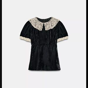 Zara Black Blouse with Cream Lace Collar